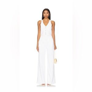 Amanda Uprichard White V-Neck Button-Front Wide-Leg Jumpsuit